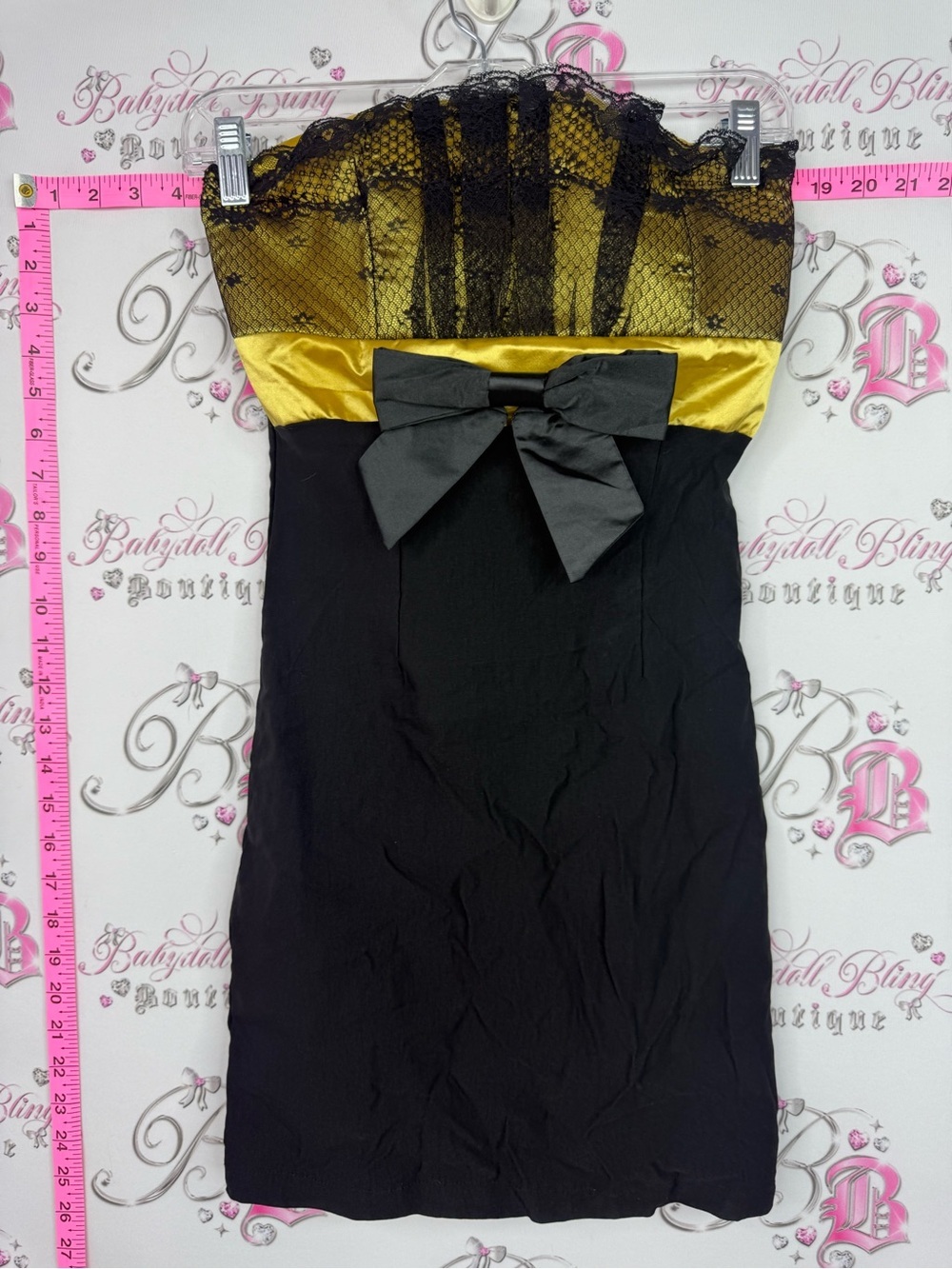 Seductions Strapless Black Dress with Gold Lace Bodice and Black Bow